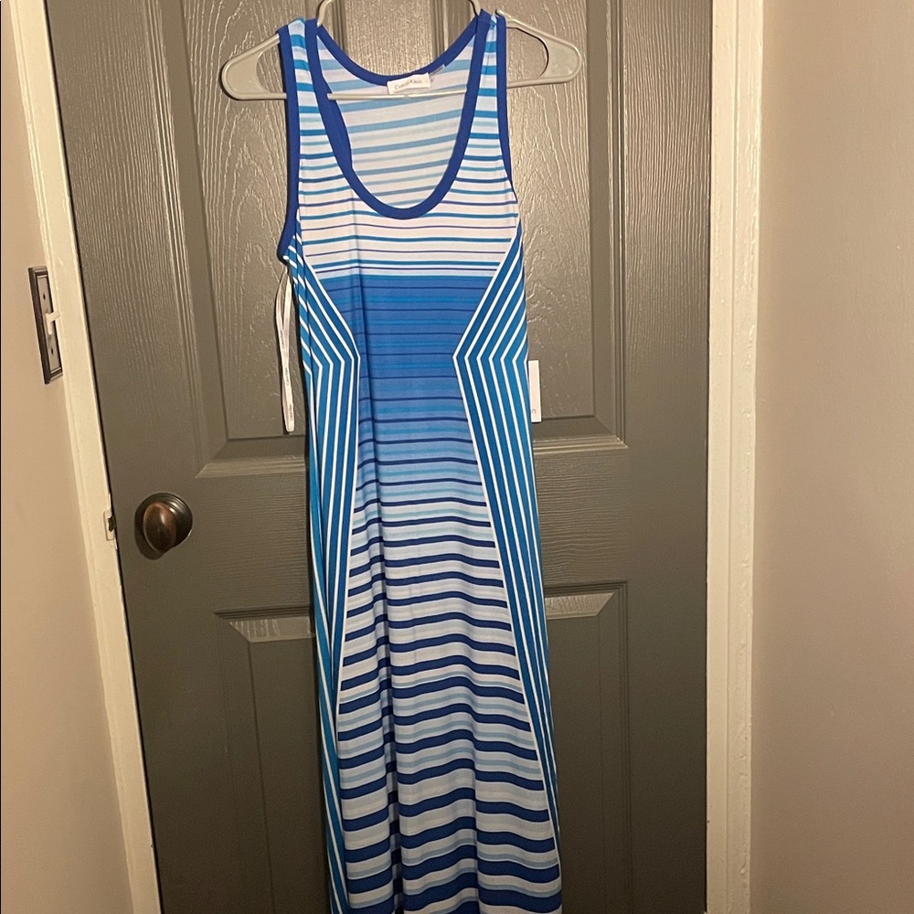 NWT GORGEOUS Unique Calvin Klein Blue and White Striped Maxi Dress - Sz4